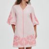 Women Mini Dress Summer 3/4 Puff Sleeves Embroidery Floral Tunic Mini Dress V Neck Loose Zip Party Dresses