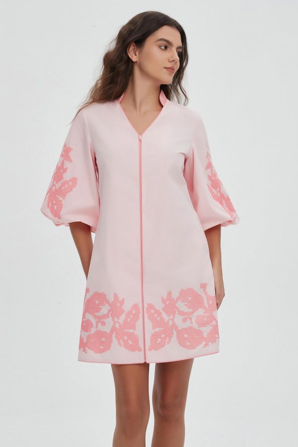 Women Mini Dress Summer 3/4 Puff Sleeves Embroidery Floral Tunic Mini Dress V Neck Loose Zip Party Dresses