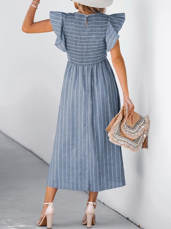 Women's Summer Dress Square Neck Striped Smocked Dress Ruffled Cap Sleeves Dress A Line Maxi Formal Dress