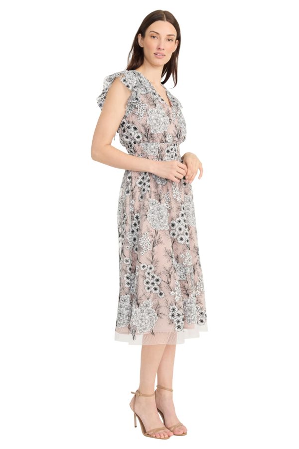 Women's Flutter Sleeve V-Neck Empire Waist Midi Length A-line Cocktail Dress