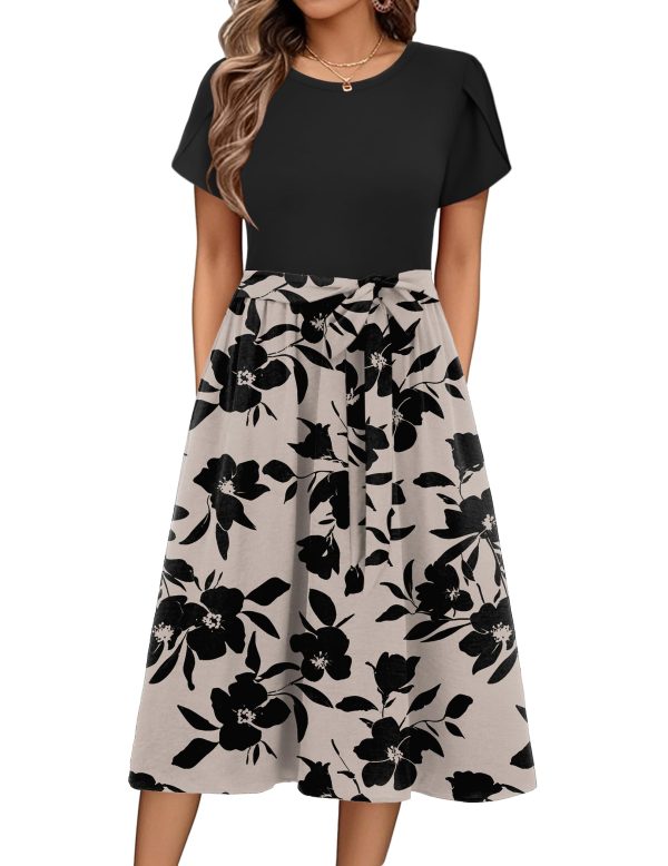 Womens Midi Dress Summer Short Sleeve Dress with Pockets 2025 Casual Floral T-Shirt Dress Flowy Beach Sundress