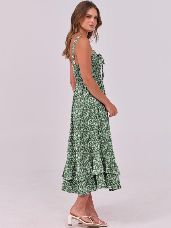 Women's Smocked Maxi Dress Summer Casual Boho Sleeveless Strap Ruffle Backless Swing Flowy Beach Long Sundress