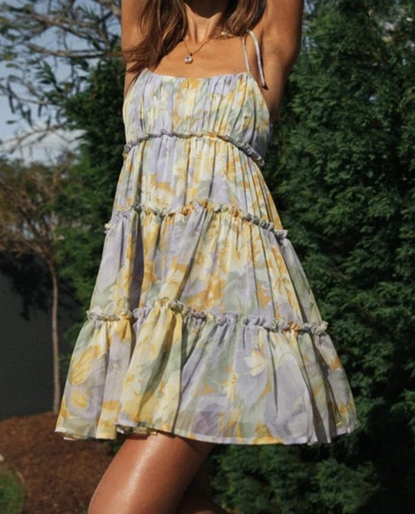 Womens 2025 Summer Floral Mini Dress Boho Flowy Skater Dresses Short Sleeveless Ruffle Spaghetti Strap Dress