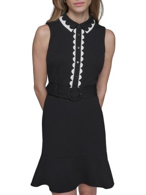 Women's Belted Sleeveless Scallop Trim Collared A-line Mini Dress