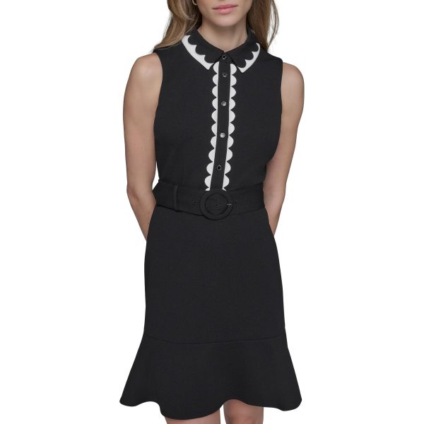 Women's Belted Sleeveless Scallop Trim Collared A-line Mini Dress