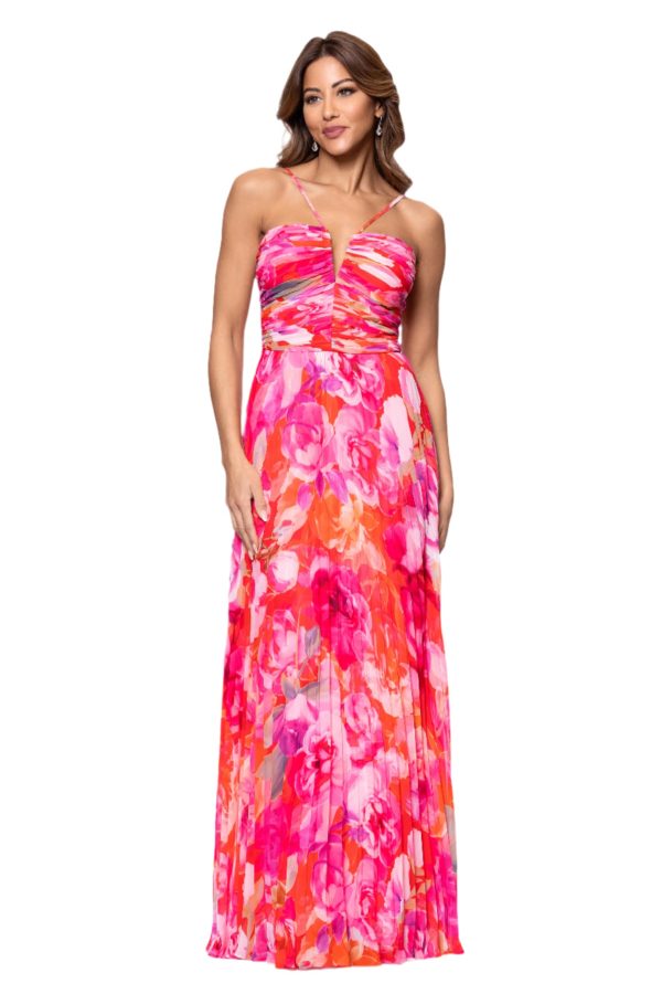 Women's Sleeveless Long Halter V Neck Printed Pleated Spaghetti Strap Dress