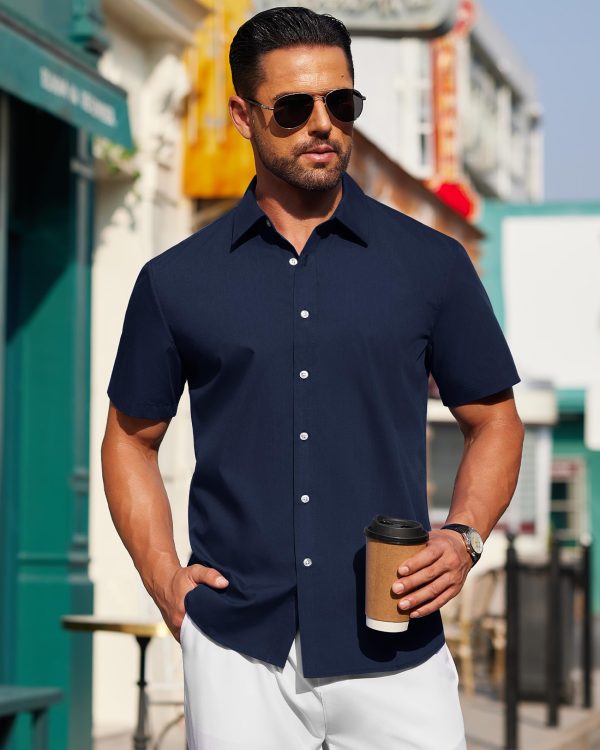 Mens Short Sleeve Button Down Shirt Stretch Business Casual Dress Shirts Solid Summer Wedding Prom Tops