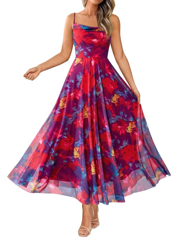 Women Summer Floral Maxi Dresses Elegant Spaghetti Strap Dress Printed Party Dress Beach Long Dresses