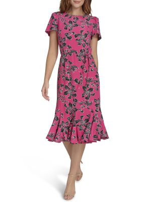 Women's Short Sleeve Pleated Hem Rope Belt Midi Dress