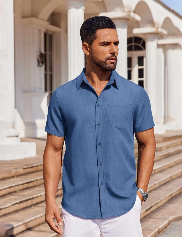 Men's Short Sleeve Button Down Shirt Casual Untucked Dress Shirt Stretch Denim Shirt