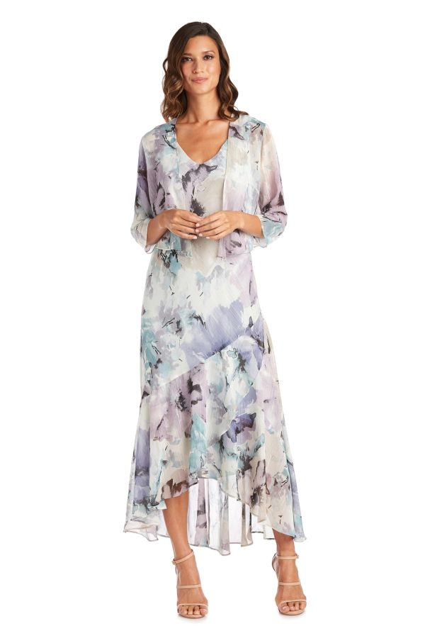 Elegant High Low Ruffle Floral Print Chiffon Dress W/ 3/4 Sleeve Sheer Coordinating Bolero