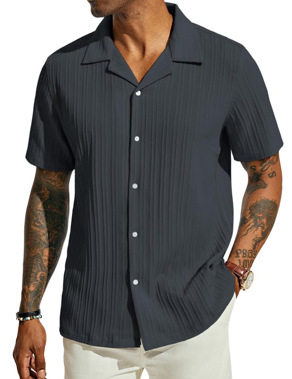 Men's Casual Button Down Shirts - Short Sleeve Summer Textured Beach Wrinkle-Free Shirts