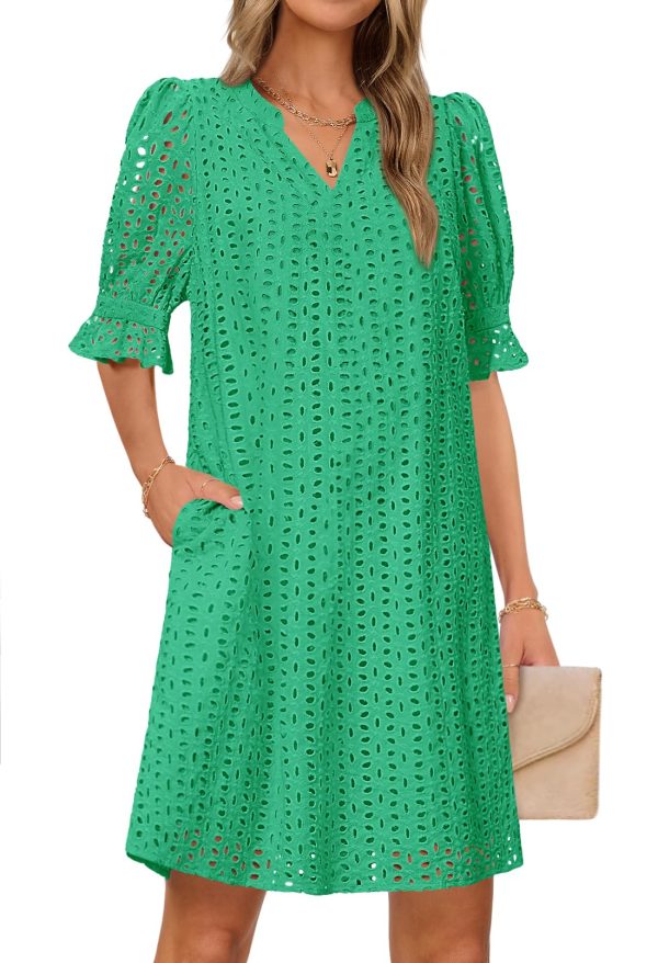 Women's 2025 Summer Short Sleeve Mini Dress V Neck Ruffle Hollow Out Eyelet Lace Dresses