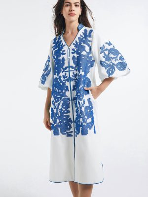 Women Casual V-Neck Mid Dress Floral Embroidery 3/4 Sleeves Spring Summer Tunic Dress Loose Zip Party Dress with Pocket