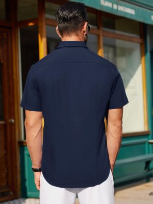 Mens Short Sleeve Button Down Shirt Stretch Business Casual Dress Shirts Solid Summer Wedding Prom Tops