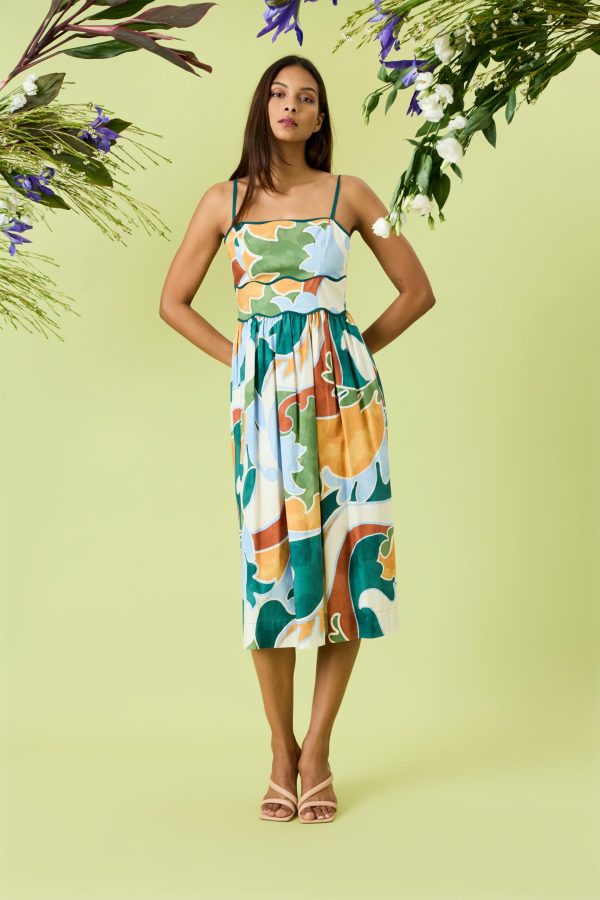 Women's Square Neck Spaghetti Strap Cotton Poplin Midi Floral Print Summer Wedding Guest a Line Dress