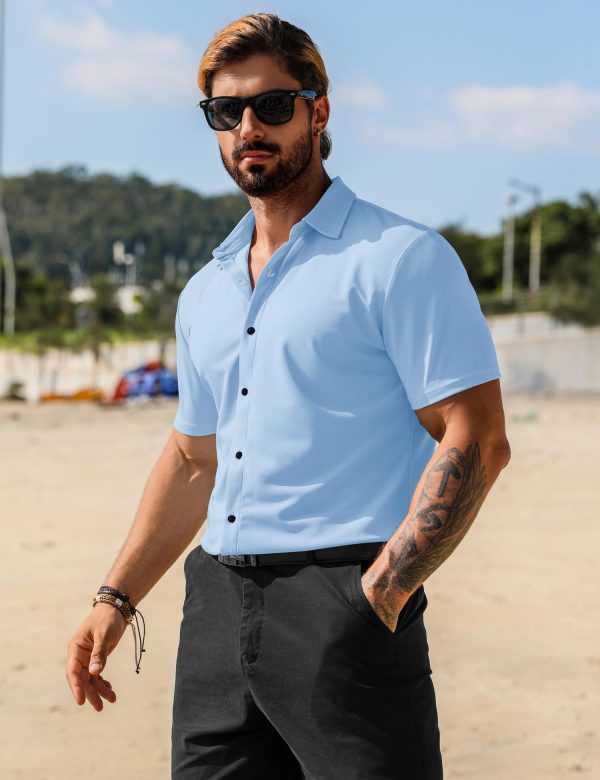 Men's Muscle Dress Shirts Short Sleeve Stretch Casual Button Down Shirts Wrinkle Free Slim Fit Dress Shirt for Men