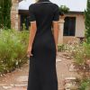 Women's V Neck Ribbed Knit Maxi Dress Button Short Sleeve Slim Fit Bodycon Sweater Dress