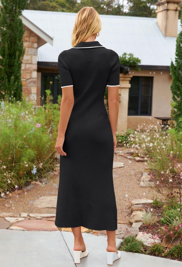 Women's V Neck Ribbed Knit Maxi Dress Button Short Sleeve Slim Fit Bodycon Sweater Dress