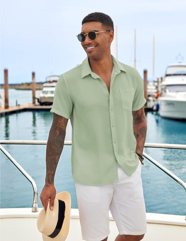 Mens Casual Short Sleeve Shirts Button Down Textured Shirts Summer Beach Shirt with Pocket