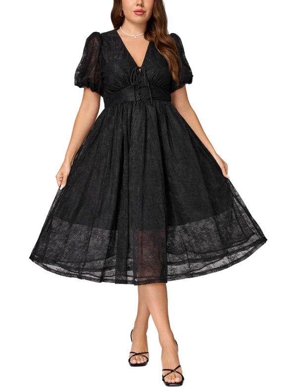 Plus Size Summer Dresses for Women 2025 V Neck Lace Midi Dress Semi Formal Short Sleeve Wedding Guest Cocktail Prom