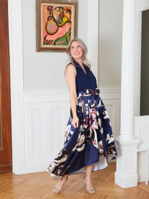 Women's Floral High-Low Gown with Pockets and Stretch Bodice, Wedding Guest Dress (Petite and Regular Sizes)