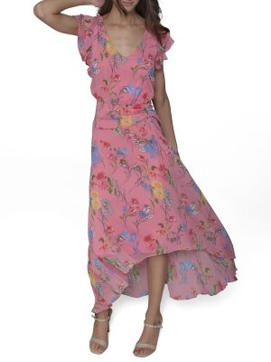 Women's Ruffle Sleeved Midi Printed High Low Dress