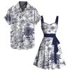 Matchable Couples' Hawaiian Outfit Porcelain Style Floral Print Men's Shirt Or Women's Belted Mini Dress