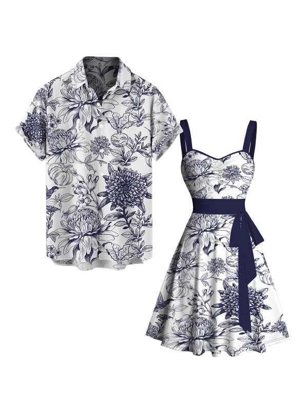 Matchable Couples' Hawaiian Outfit Porcelain Style Floral Print Men's Shirt Or Women's Belted Mini Dress