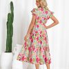 Womens Summer Floral Midi Dresses Short Sleeve Beach Wedding Guest Dress Drawstring Long Flowy Dress with Pockets