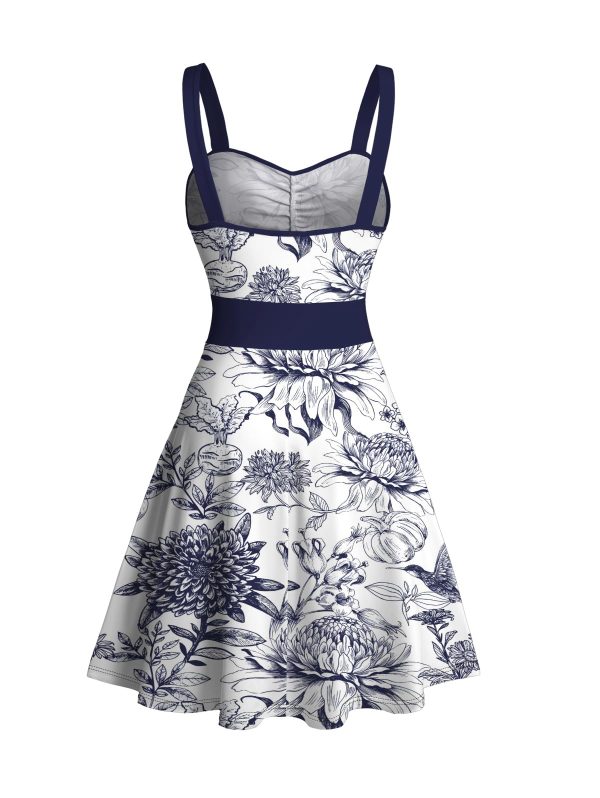 Matchable Couples' Hawaiian Outfit Porcelain Style Floral Print Men's Shirt Or Women's Belted Mini Dress