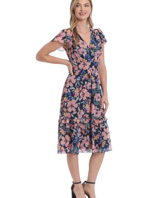 Women's Double Flutter Sleeve Surplice Tiered Midi