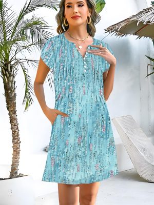 Womens Casual Dresses Short Sleeve Summer Dresses 2025 Boho Floral Beach Sundresses Spring A-Line Dress with Pockets