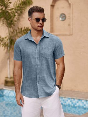 Men's Short Sleeve Button Down Shirt Casual Summer Beach Untucked Vacation Textured Shirts with Pocket