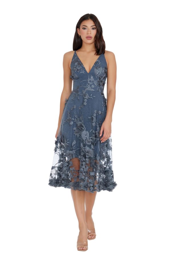 Women's Audrey Spaghetti Strap Midi A-line 3D Floral Dress