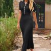 Women's V Neck Ribbed Knit Maxi Dress Button Short Sleeve Slim Fit Bodycon Sweater Dress