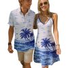 Couple Matching Hawaiian Outfits Coconut Tree Seagull Print Cami Dress or Men's Short Sleeve Button Up Shirt