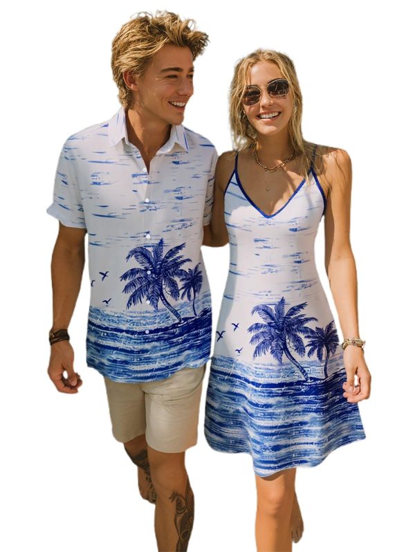 Couple Matching Hawaiian Outfits Coconut Tree Seagull Print Cami Dress or Men's Short Sleeve Button Up Shirt