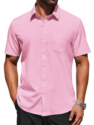 Mens Short Sleeve Button Down Shirts Lightweight Stain Shield Business Casual Dress Shirt Wrinkle Free