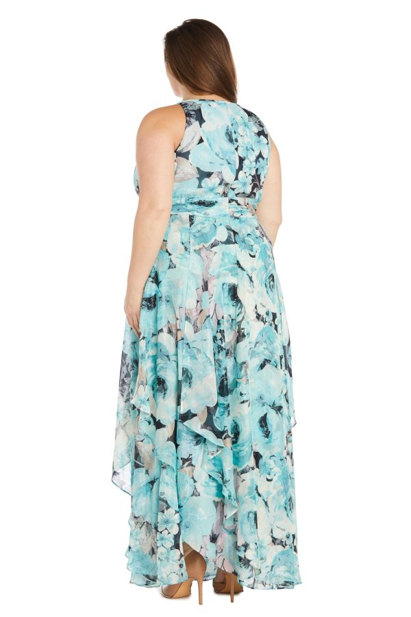 Long Printed Chiffon Halter Dress W/Hankie Hemline
