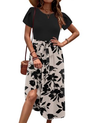 Womens Midi Dress Summer Short Sleeve Dress with Pockets 2025 Casual Floral T-Shirt Dress Flowy Beach Sundress