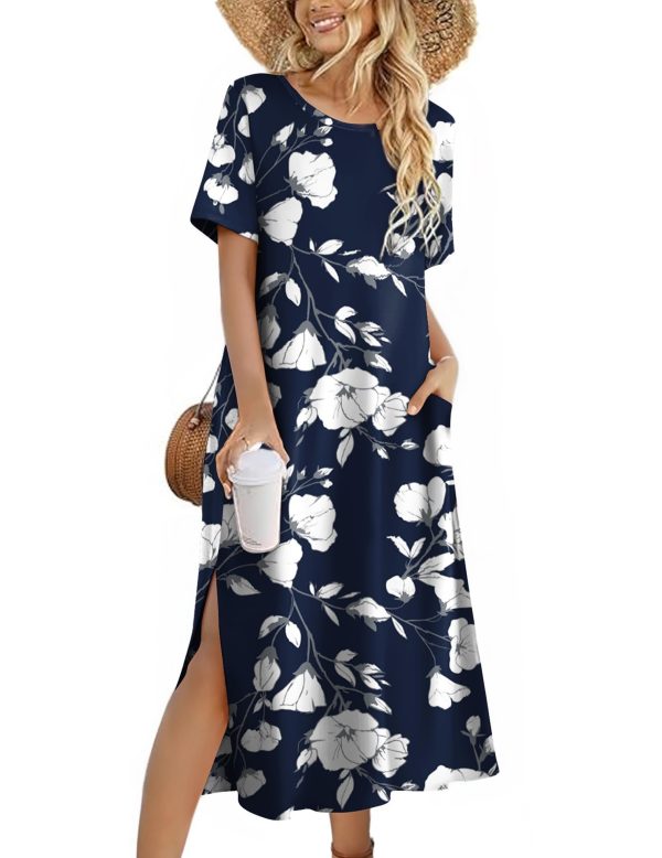 Women Floral Summer Dress Casual Beach Dress Printed T Shirt Dress Split Long Dress Travel 2025 Vacation Dress