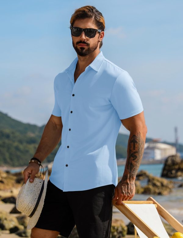 Men's Muscle Dress Shirts Short Sleeve Stretch Casual Button Down Shirts Wrinkle Free Slim Fit Dress Shirt for Men
