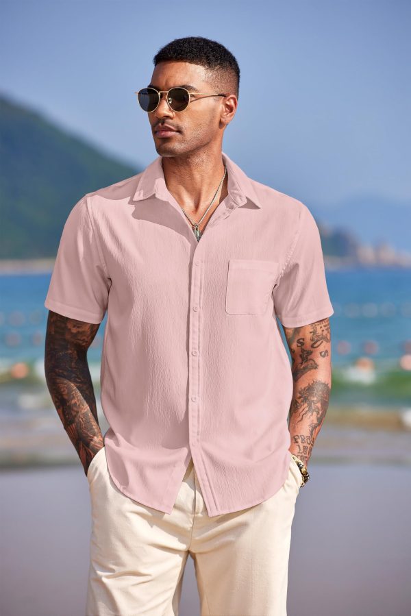 Men's Casual Short Sleeve Button Down Summer Beach Shirt Lightweight Textured Wrinkle Free Untucked Shirts