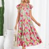 Womens Summer Floral Midi Dresses Short Sleeve Beach Wedding Guest Dress Drawstring Long Flowy Dress with Pockets
