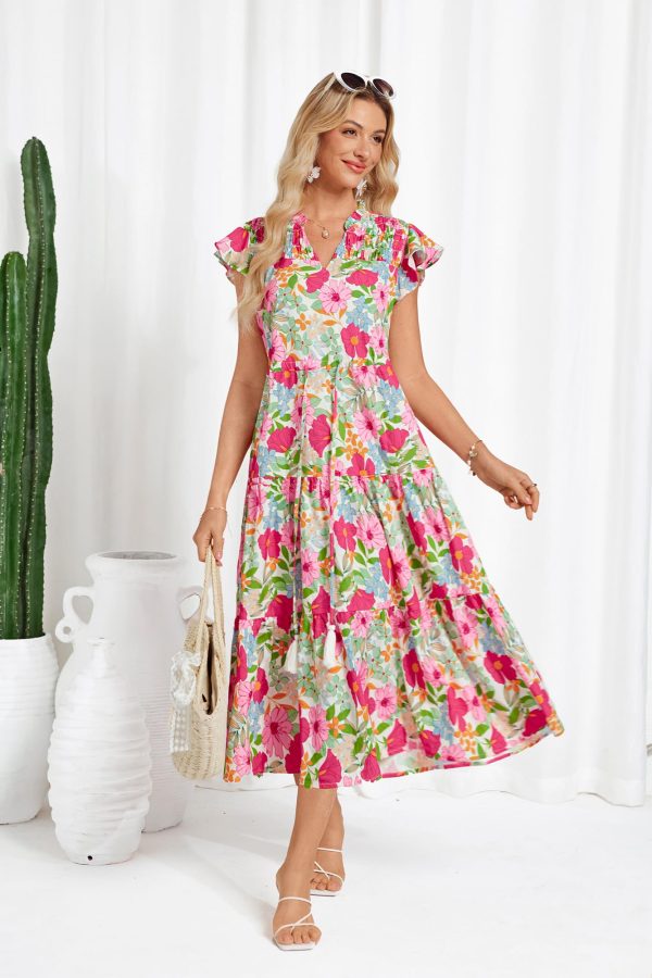 Womens Summer Floral Midi Dresses Short Sleeve Beach Wedding Guest Dress Drawstring Long Flowy Dress with Pockets