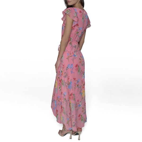 Women's Ruffle Sleeved Midi Printed High Low Dress