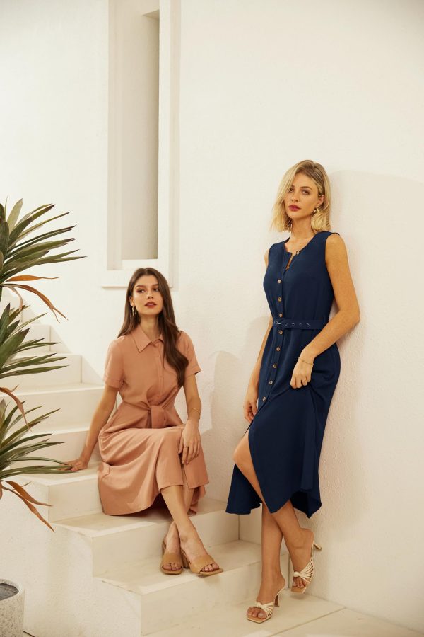 Women Casual Summer Dress 2025 Business Work Belted Sleeveless Button Down Shirt Midi Dresses with Pockets