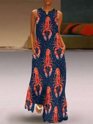 Red Lobster Printed Womens Sleeveless Maxi Dress Casual Sundress Beach Dress