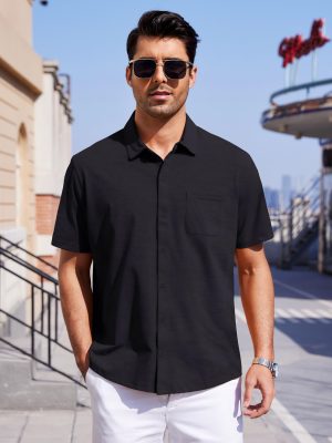 Mens Short Sleeve Dress Shirts Business Casual Button Down Shirt Summer Beach Wedding Untucked Shirts with Pocket